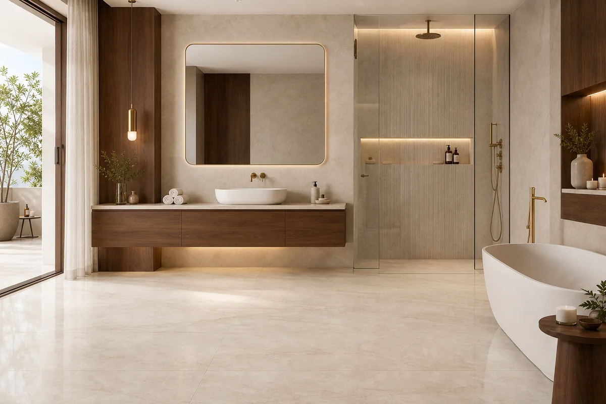 A coordinated modern bathroom with large-format tiles and premium fittings